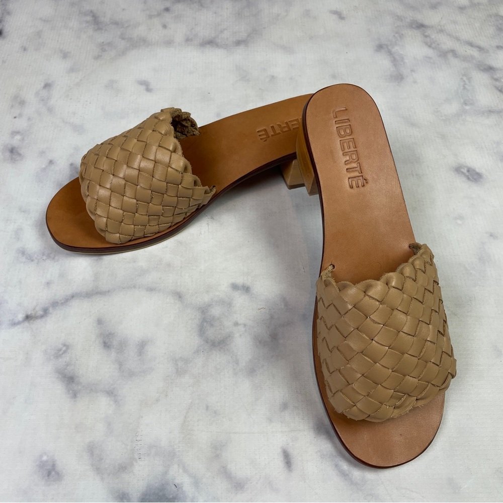 Liberté Santorini Woven Leather Block Heel Slide Sandals Boho Resortwear Sz 9